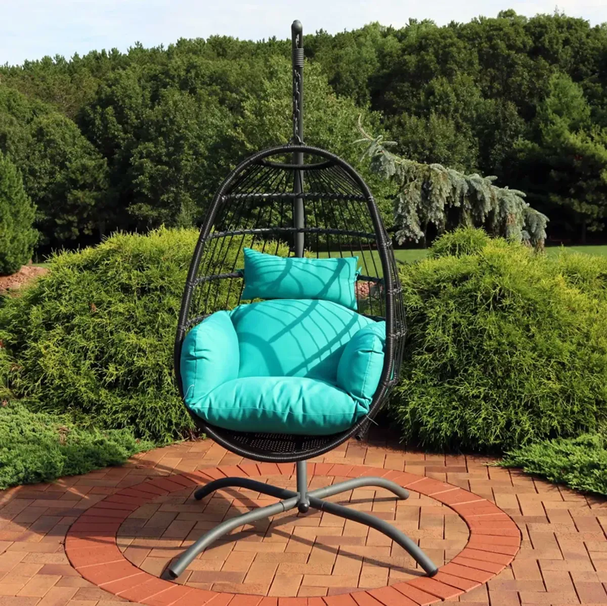 Sunnydaze Resin Wicker Hanging Egg Chair with Steel Stand/Cushions