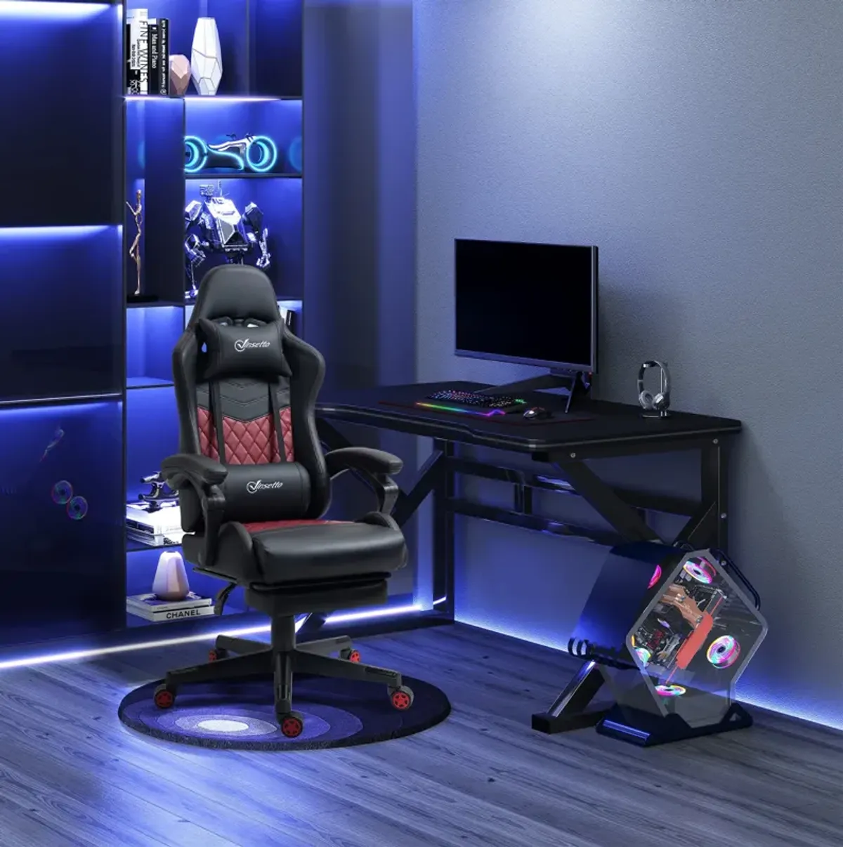 Black Gaming Throne: Racing Chair with PU Leather Footrest and Swivel Wheels