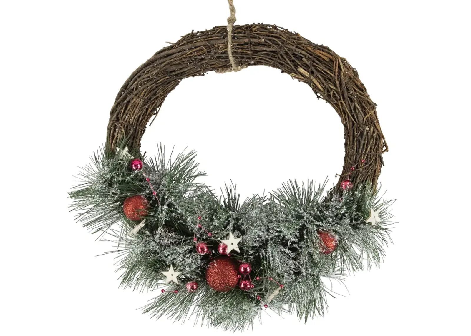 Red Ornaments  Pine Needle and Stars Frosted Christmas Wreath  13.75-Inch