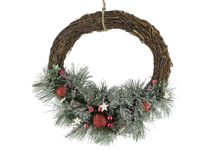 Red Ornaments  Pine Needle and Stars Frosted Christmas Wreath  13.75-Inch