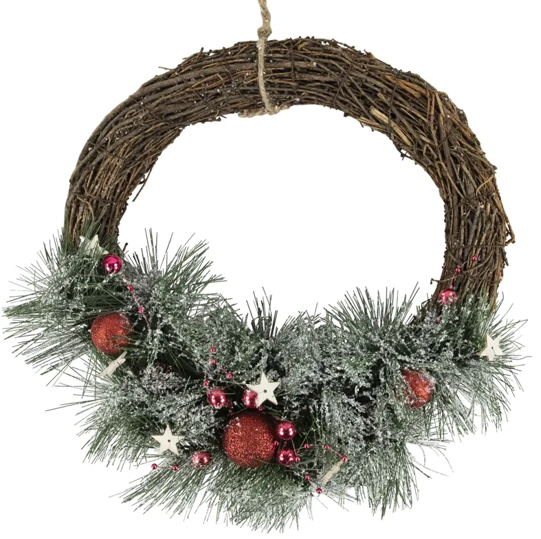 Red Ornaments  Pine Needle and Stars Frosted Christmas Wreath  13.75-Inch