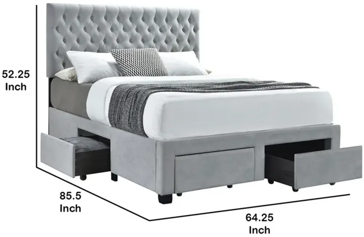 Fabric Upholstered Wooden Queen Size Bed with Bottom Drawers, Gray-Benzara