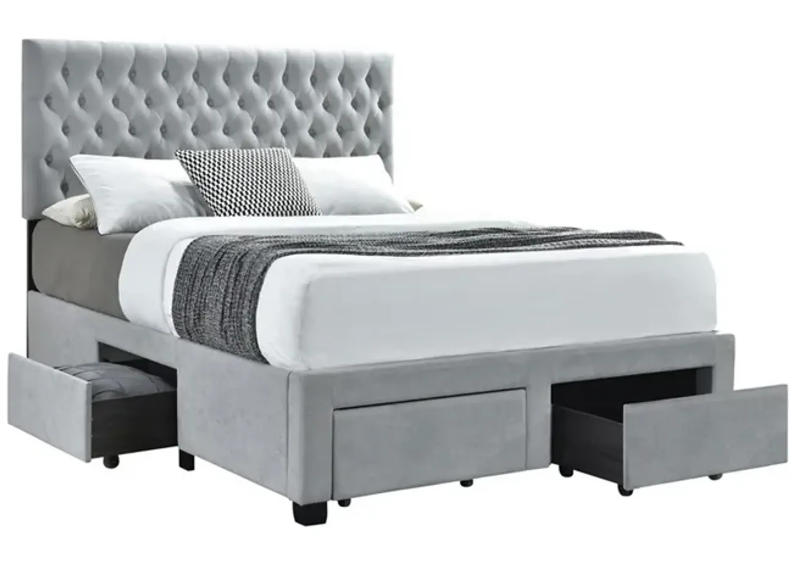 Fabric Upholstered Wooden Queen Size Bed with Bottom Drawers, Gray-Benzara