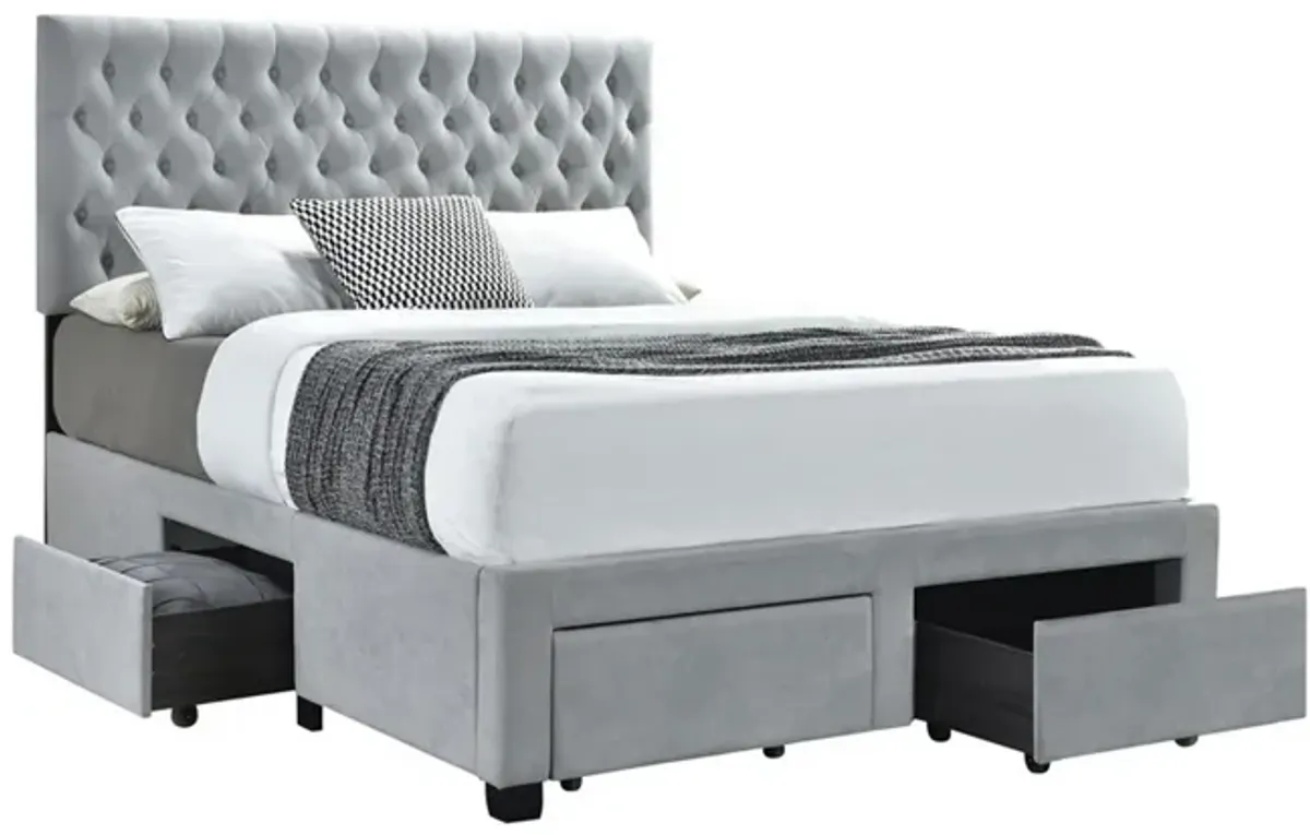 Fabric Upholstered Wooden Queen Size Bed with Bottom Drawers, Gray-Benzara