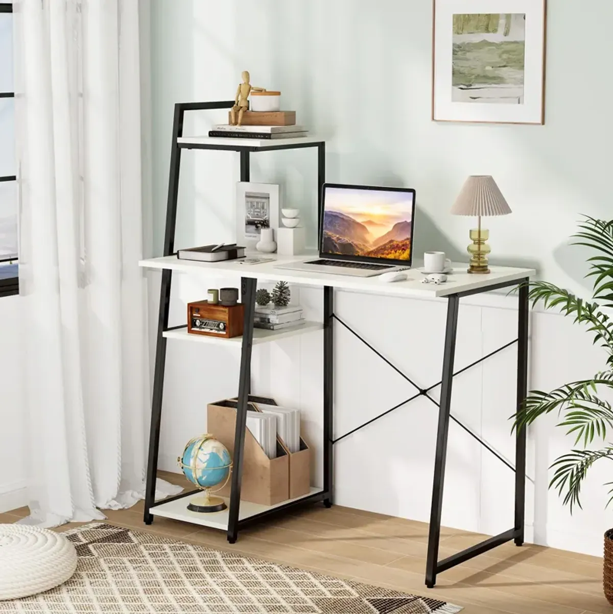 Compact Computer Desk Workstation with 4 Tier Shelves for Home and Office