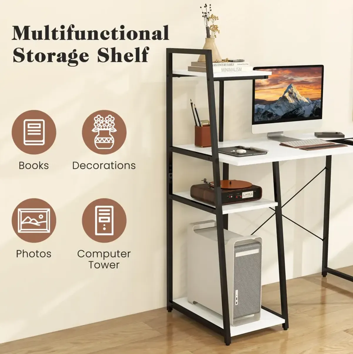 Compact Computer Desk Workstation with 4 Tier Shelves for Home and Office