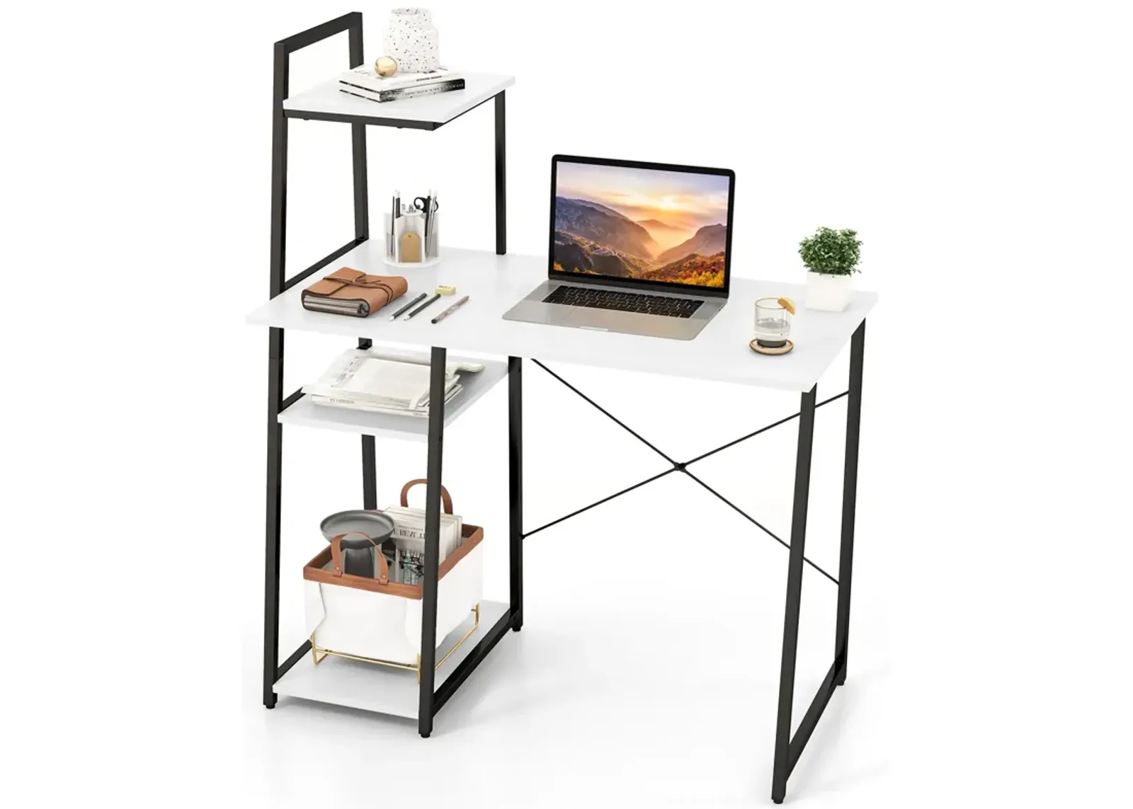 Compact Computer Desk Workstation with 4 Tier Shelves for Home and Office