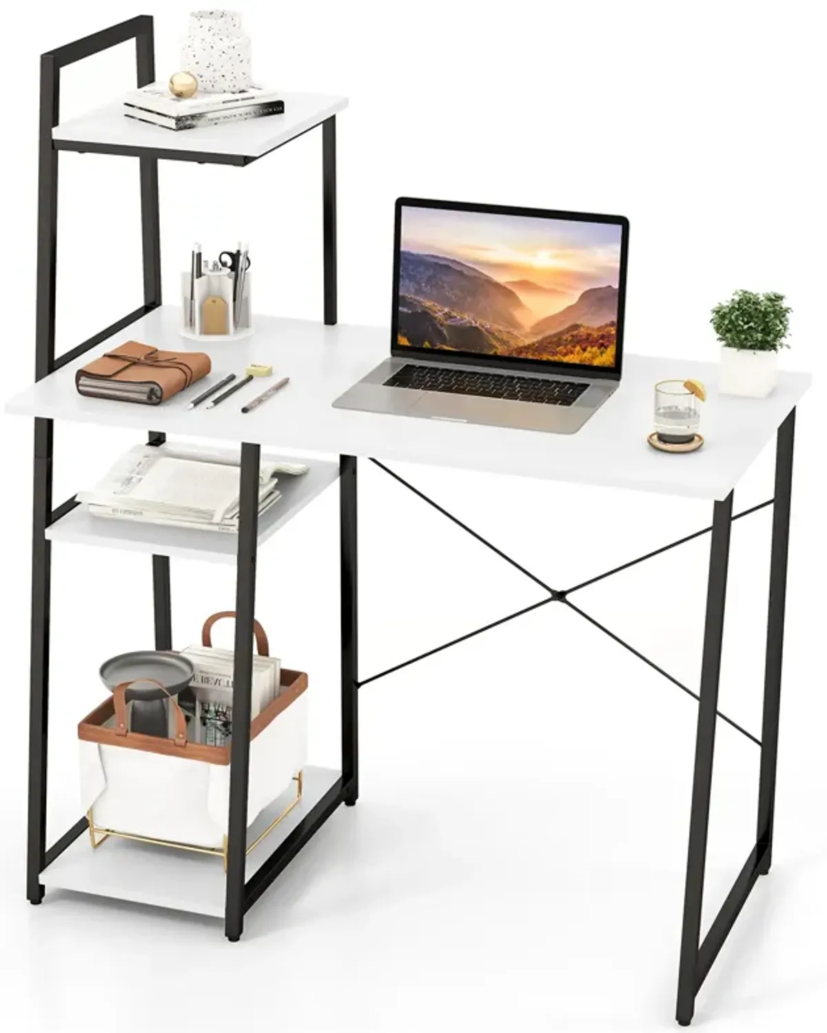 Compact Computer Desk Workstation with 4 Tier Shelves for Home and Office