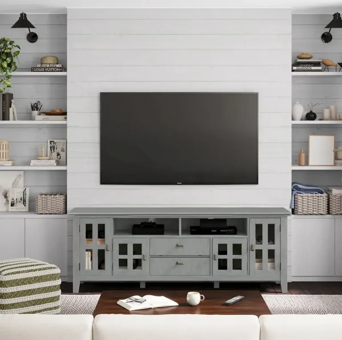 Simpli Home Artisan Solid Wood 72 Inch Tv Media Stand In Fog Grey For Tvs Up To 80 Inches