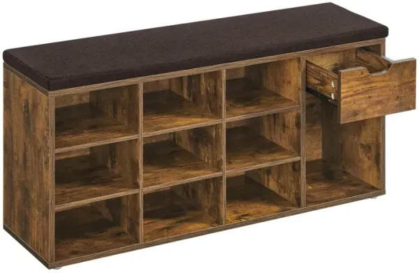 Lyne 41 Inch Shoe Bench with Drawer and 10 Shelves, Gray Seat, Brown Wood - Benzara