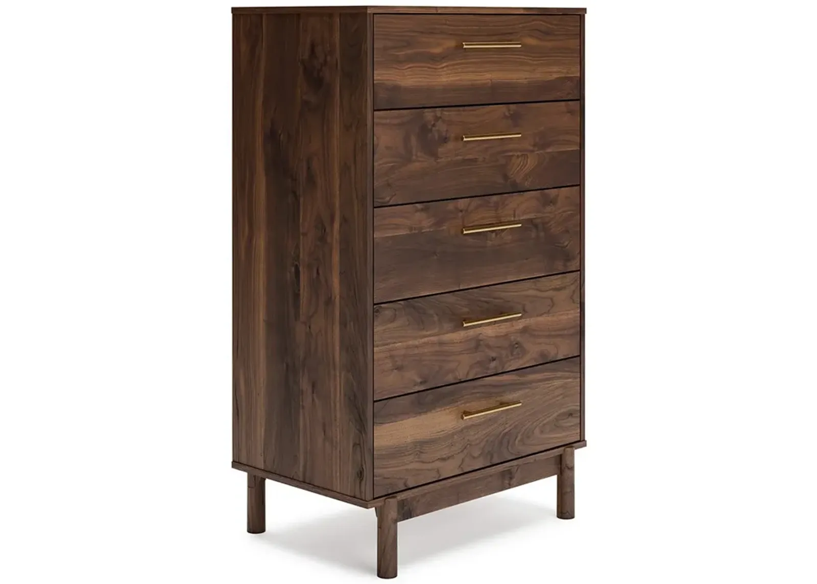 Kip 50 Inch 5 Drawer Modern Tall Dresser Chest, Dark Brown, Gold Handles-Benzara