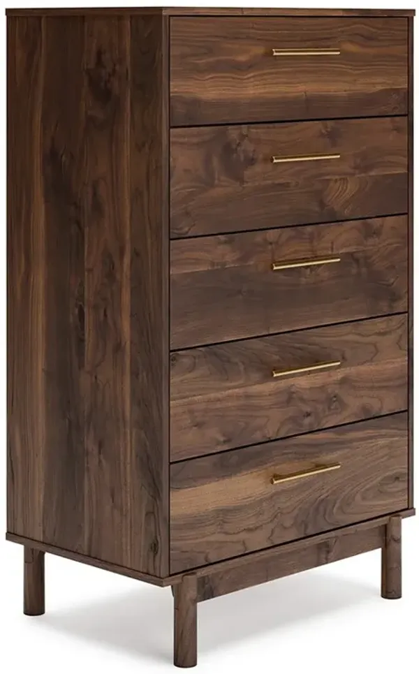 Kip 50 Inch 5 Drawer Modern Tall Dresser Chest, Dark Brown, Gold Handles - Benzara
