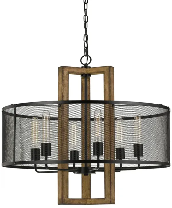 60 X 6 Wooden Chandelier with Round Metal Mesh Shade, Black and Brown - Benzara