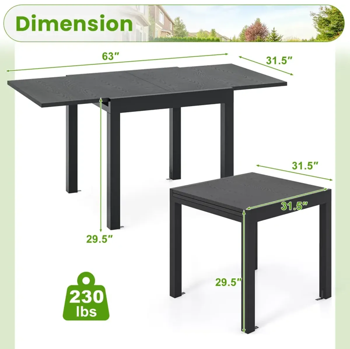 31.5-63 Inch Adjustable Patio Dining Table, Expandable for 4-6 People