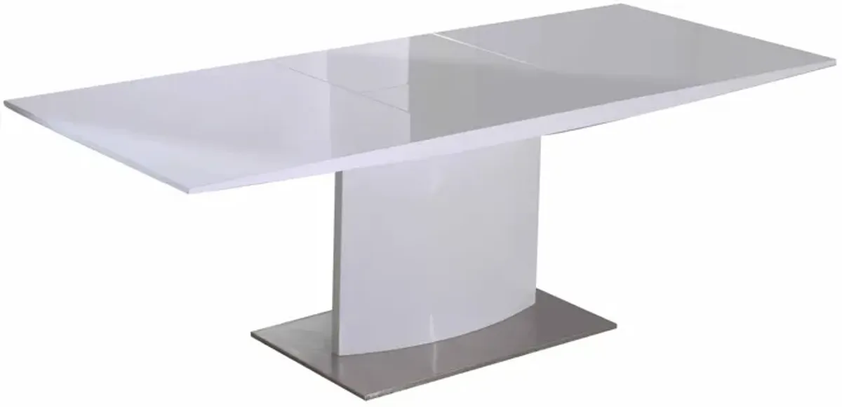 63-87 Inch Extendable Dining Table, White Lacquer Top, Stainless Steel - Benzara