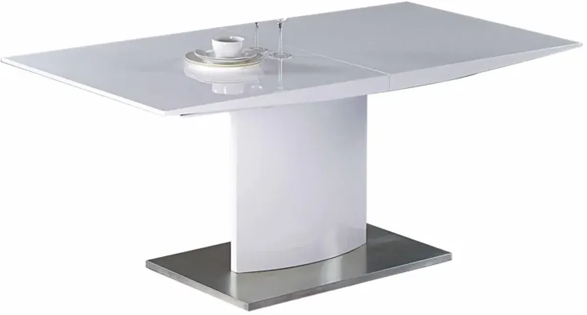 63-87 Inch Extendable Dining Table, White Lacquer Top, Stainless Steel - Benzara