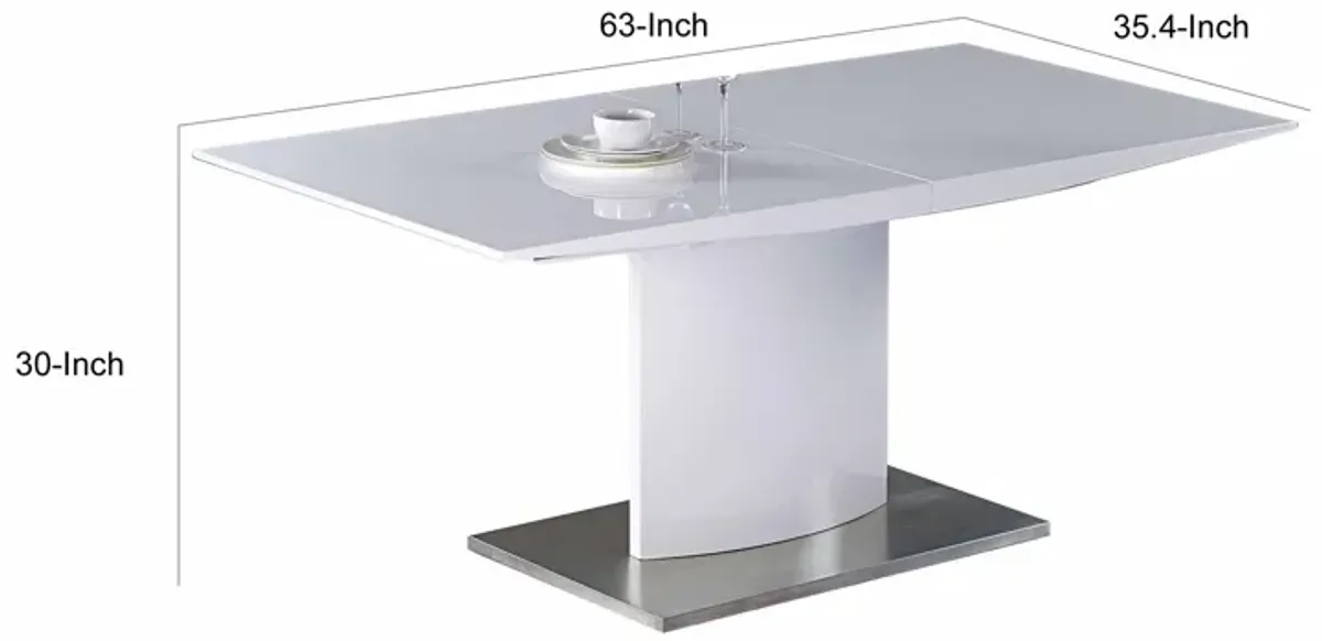 63-87 Inch Extendable Dining Table, White Lacquer Top, Stainless Steel - Benzara