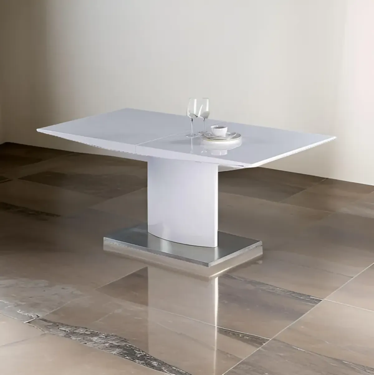 63-87 Inch Extendable Dining Table, White Lacquer Top, Stainless Steel - Benzara