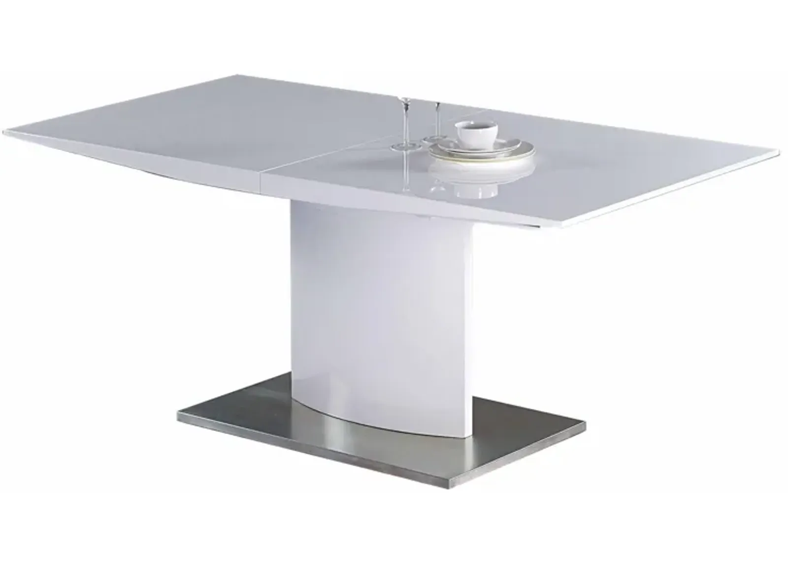 63-87 Inch Extendable Dining Table, White Lacquer Top, Stainless Steel - Benzara