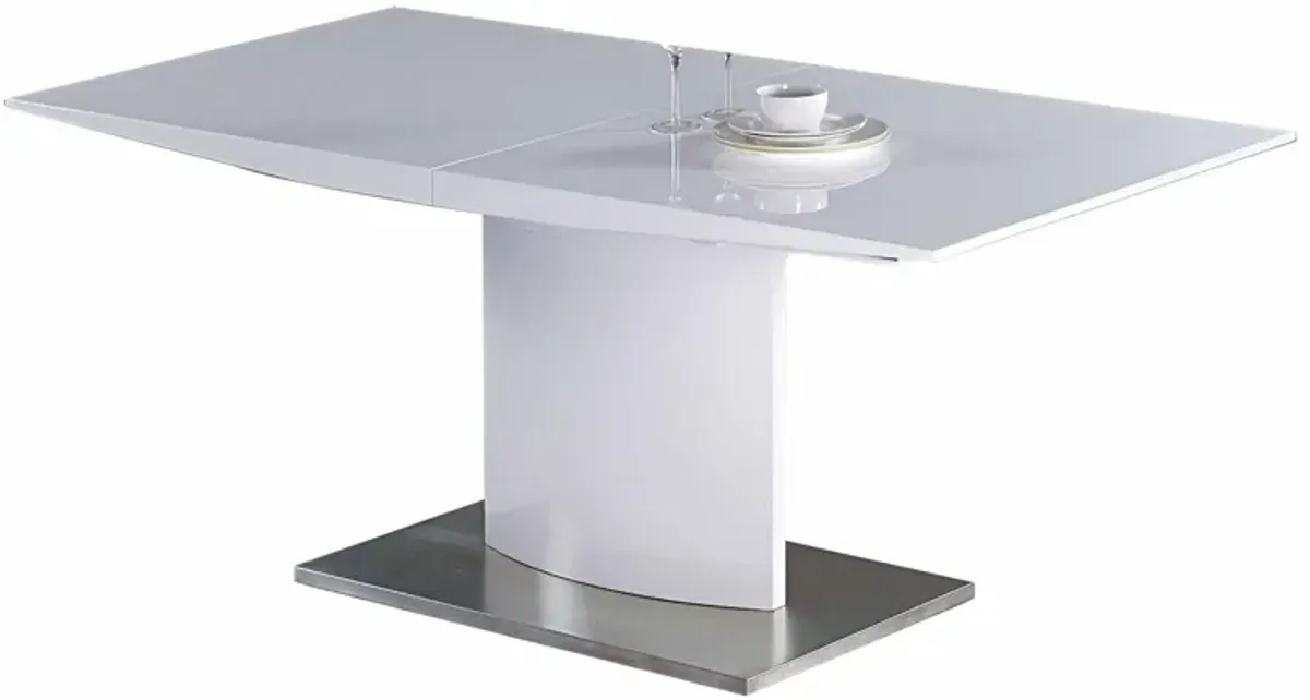 63-87 Inch Extendable Dining Table, White Lacquer Top, Stainless Steel - Benzara