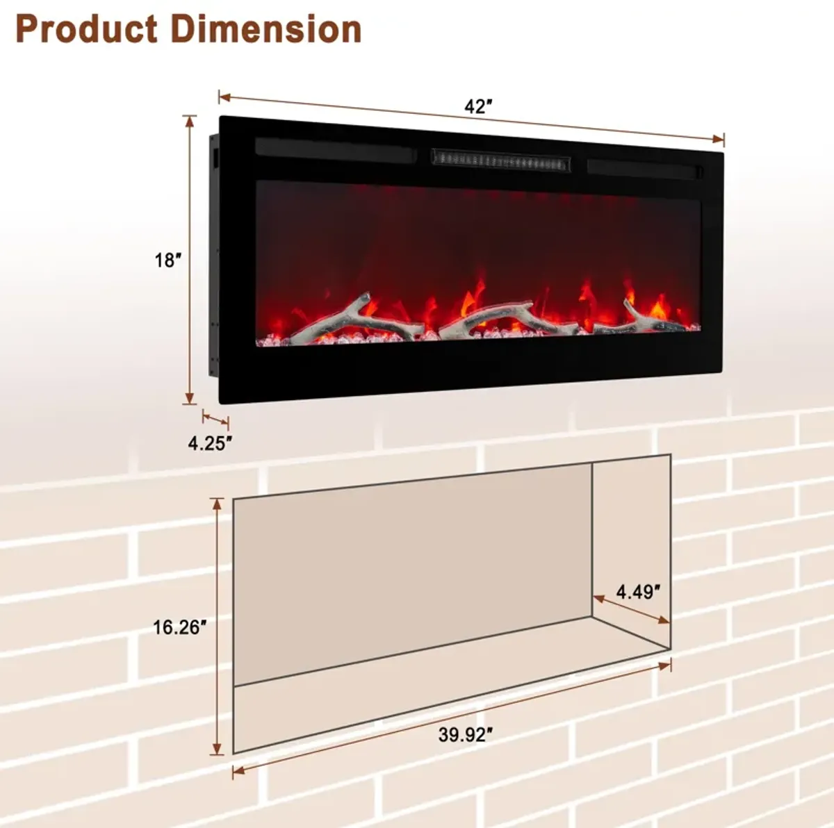 MONDAWE 42" Wall-Mounted Recessed Electric Fireplace 4780 BTU Heater with Remote Control Adjustable Flame Color & Temperature Setting