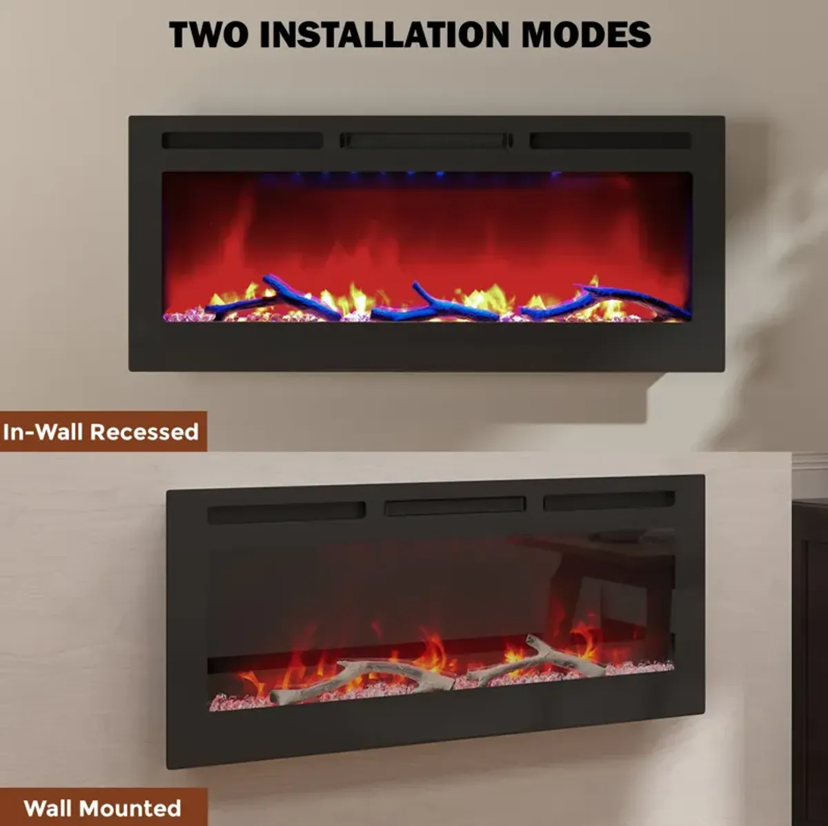 MONDAWE 42" Wall-Mounted Recessed Electric Fireplace 4780 BTU Heater with Remote Control Adjustable Flame Color & Temperature Setting