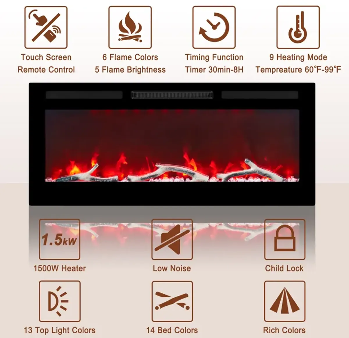 MONDAWE 42" Wall-Mounted Recessed Electric Fireplace 4780 BTU Heater with Remote Control Adjustable Flame Color & Temperature Setting