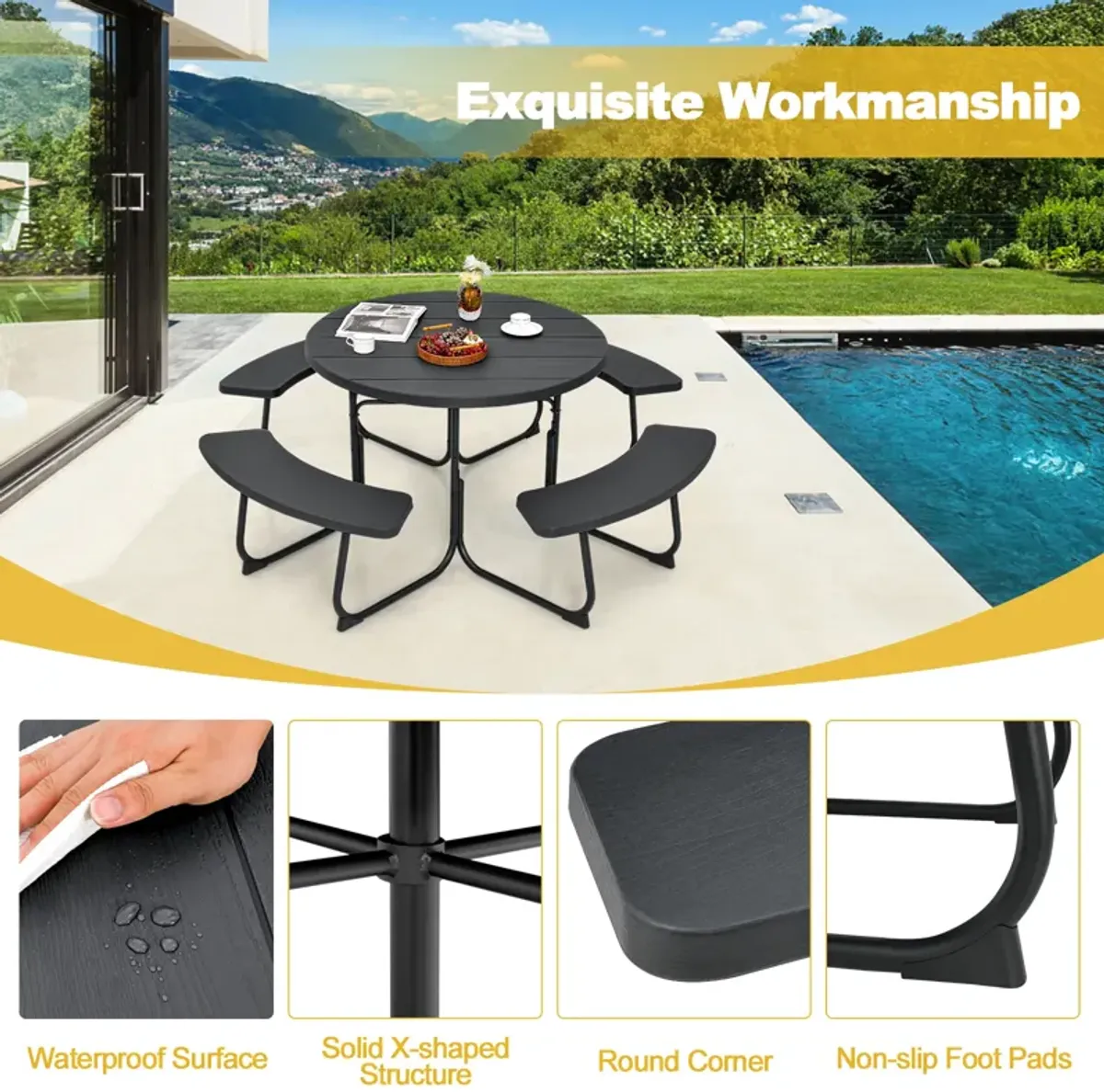 8-Person Outdoor Picnic Table and Bench Set with Umbrella Hole