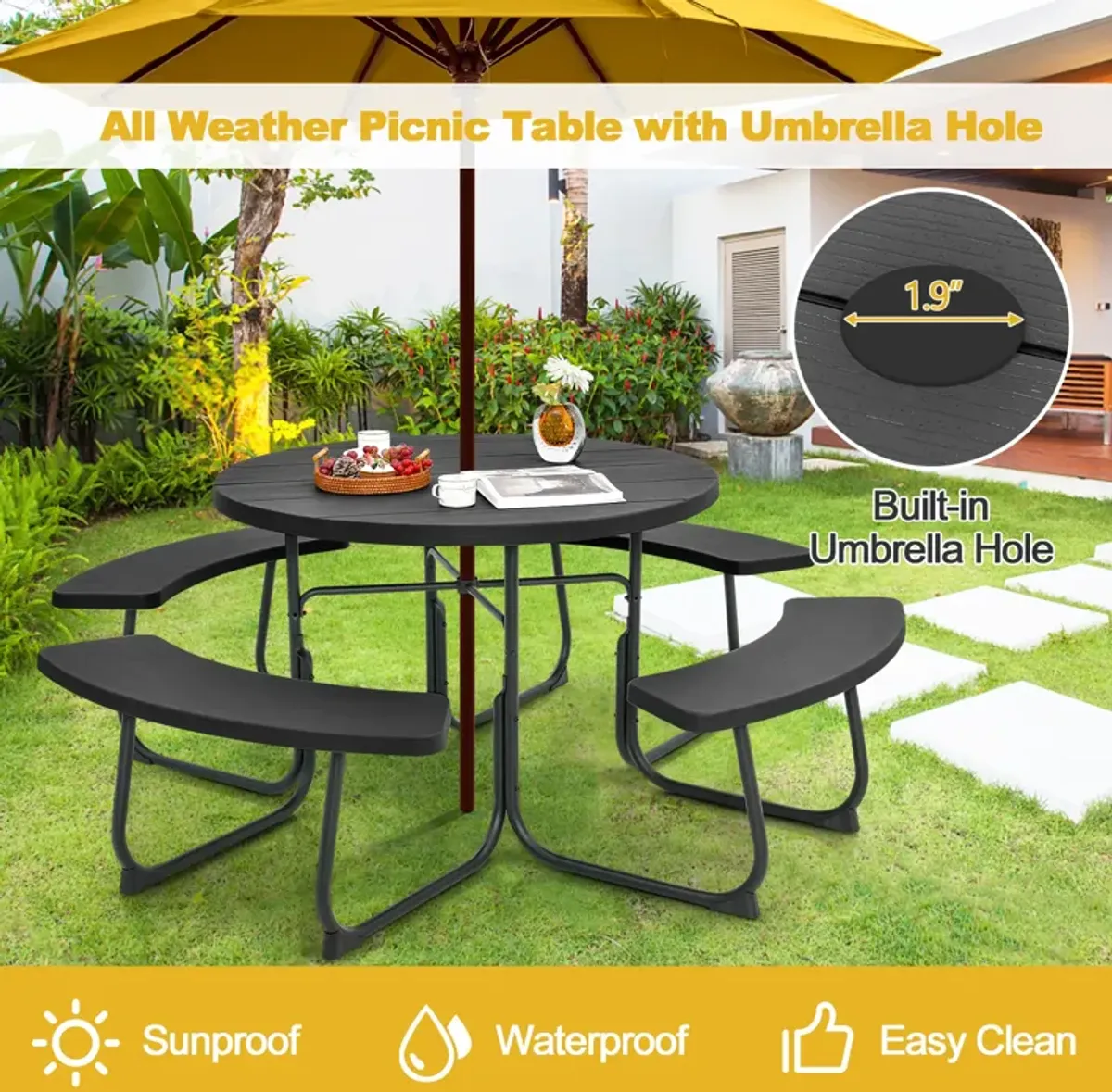 8-Person Outdoor Picnic Table and Bench Set with Umbrella Hole