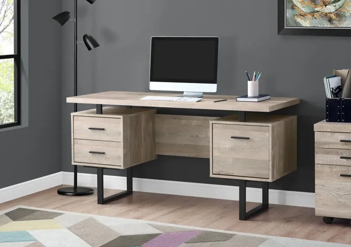 Computer Desk, Home Office, Laptop, Left, Right Set-Up, Storage Drawers, 60"L, Work, Metal, Laminate, Beige, Black, Contemporary, Modern