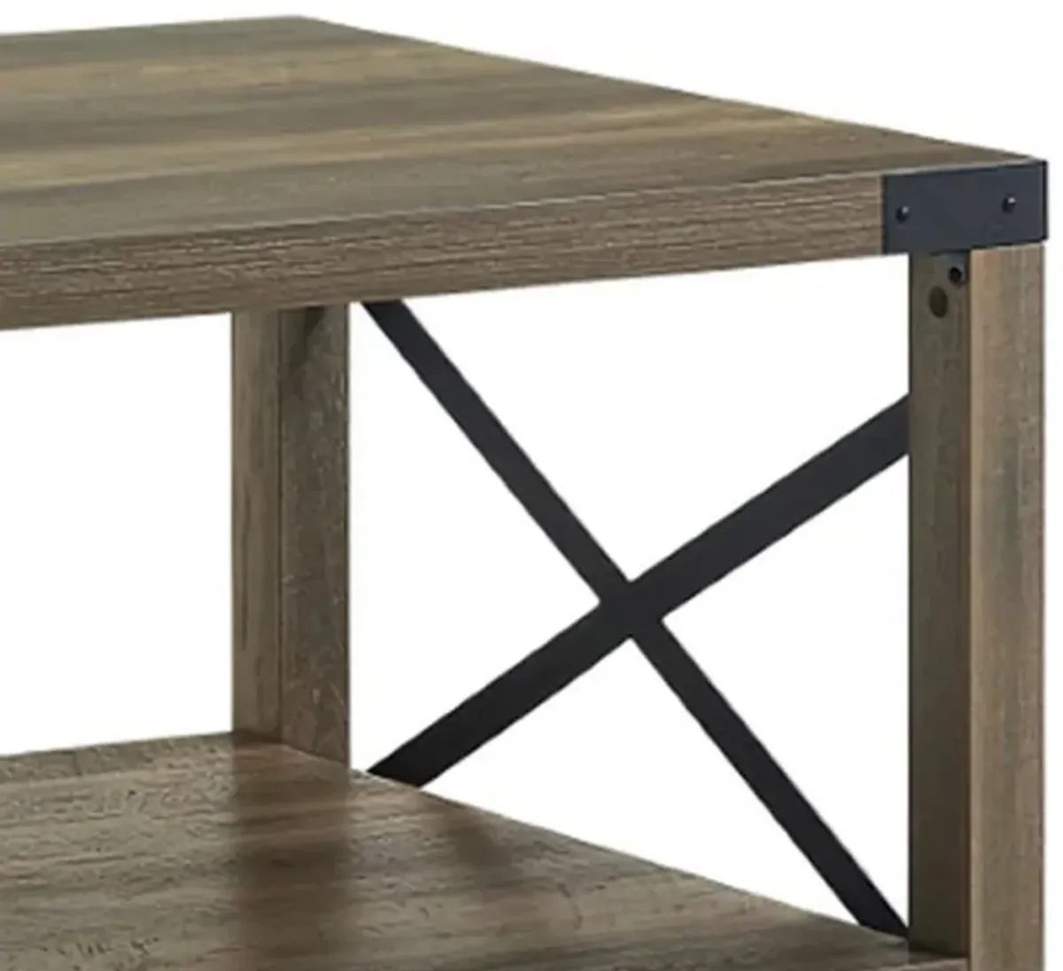 Eli 47 Inch Wood Coffee Table, Metal Brackets, Cross Bars, Rustic Oak Brown-Benzara