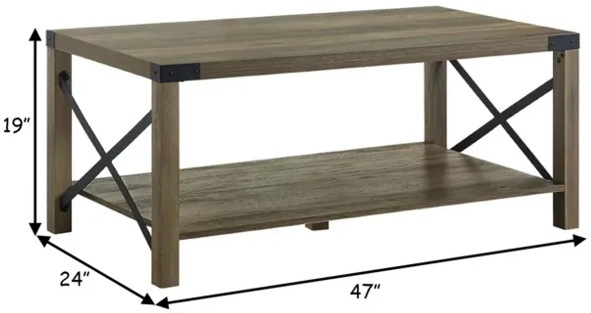 Eli 47 Inch Wood Coffee Table, Metal Brackets, Cross Bars, Rustic Oak Brown-Benzara