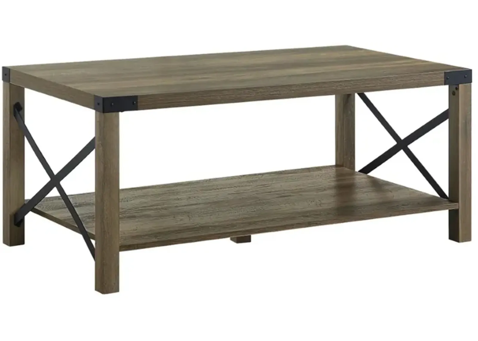 Eli 47 Inch Wood Coffee Table, Metal Brackets, Cross Bars, Rustic Oak Brown-Benzara