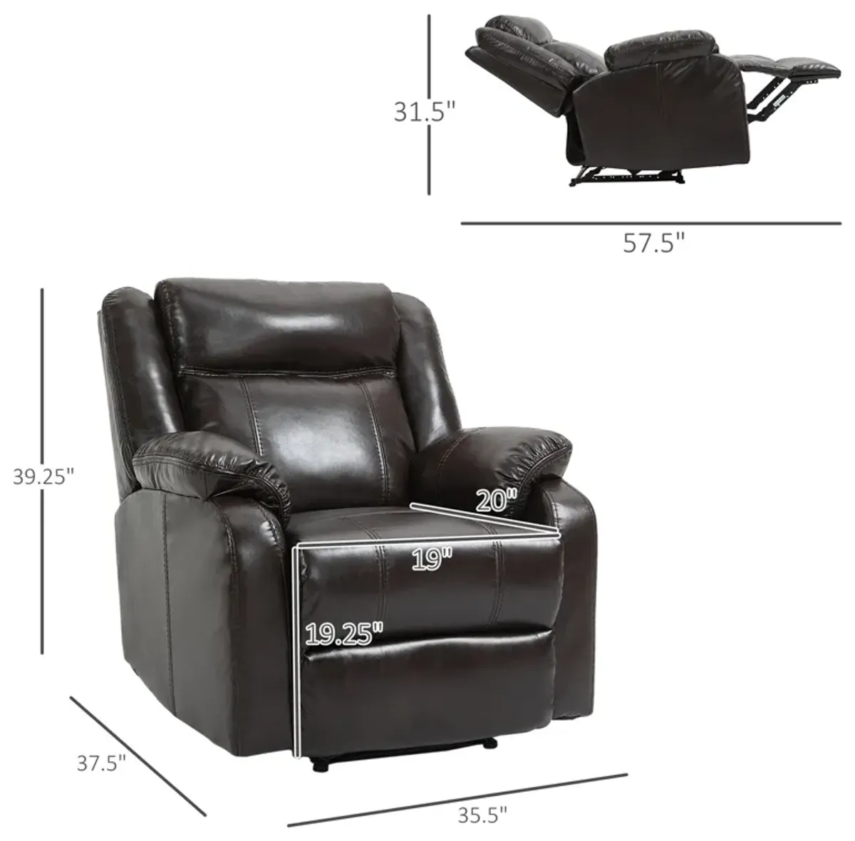 Brown Living Room Comfort: PU Leather Manual Recliner Sofa with Footrest