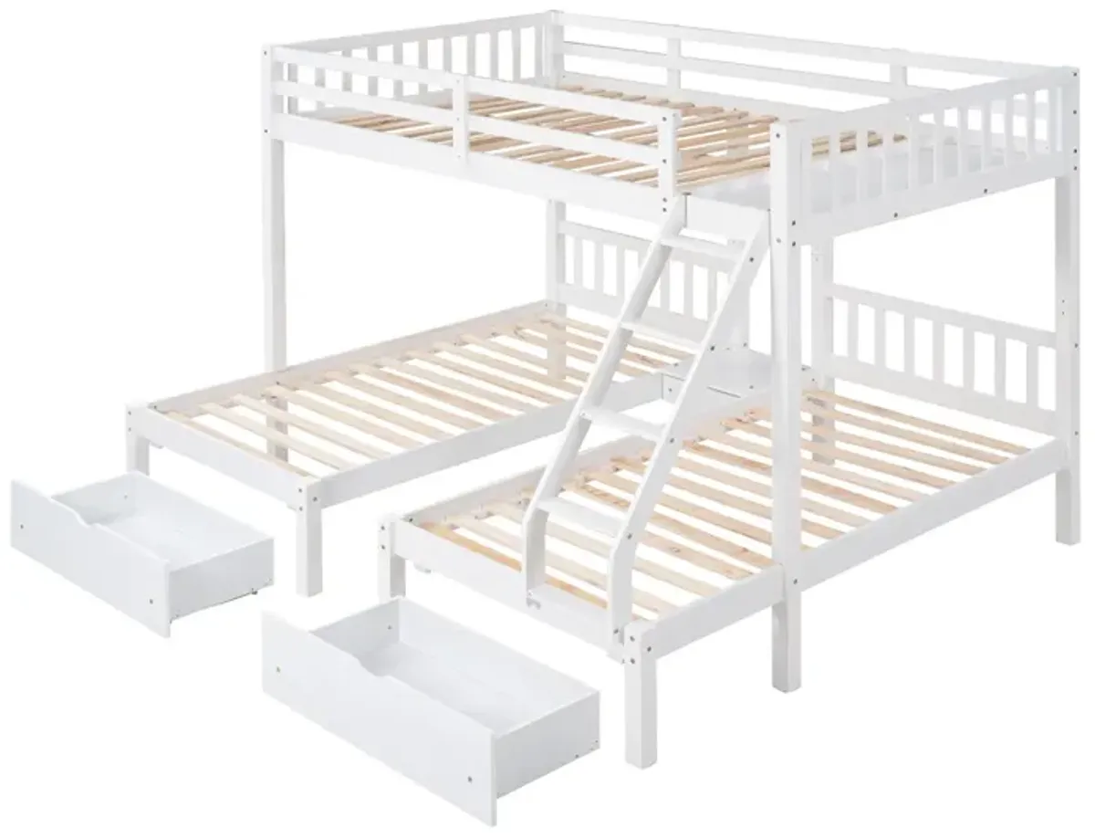 Full Over Twin & Twin Bunk Bed, Wood Triple Bunk Bed With Drawers And Guardrails