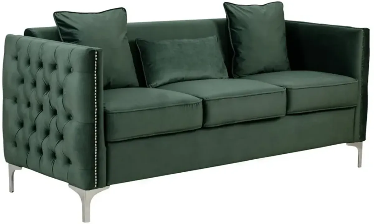 Joel 3 Piece Sofa, Loveseat, and Armchair Living Room Set, Green Velvet-Benzara