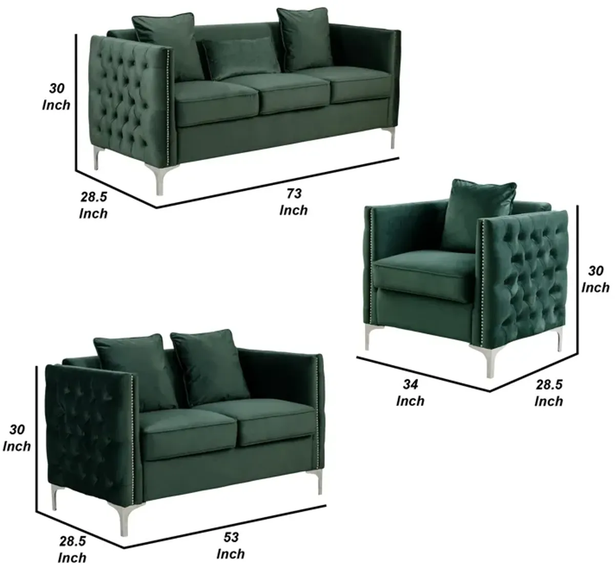 Joel 3 Piece Sofa, Loveseat, and Armchair Living Room Set, Green Velvet-Benzara