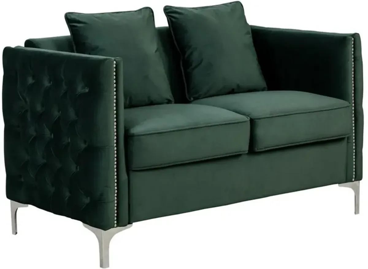 Joel 3 Piece Sofa, Loveseat, and Armchair Living Room Set, Green Velvet-Benzara