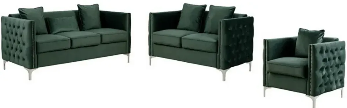 Joel 3 Piece Sofa, Loveseat, and Armchair Living Room Set, Green Velvet-Benzara