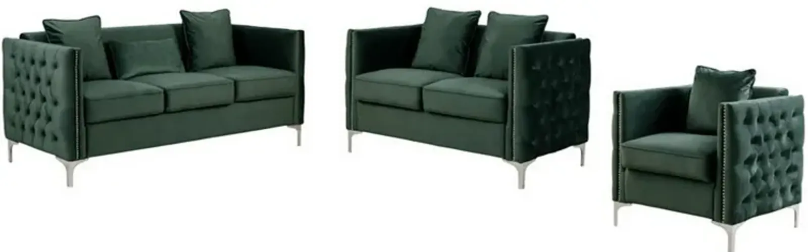 Joel 3 Piece Sofa, Loveseat, and Armchair Living Room Set, Green Velvet-Benzara