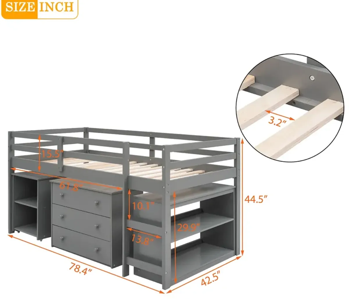 Merax Low Loft Bed with Cabinet and Rolling Portable Desk