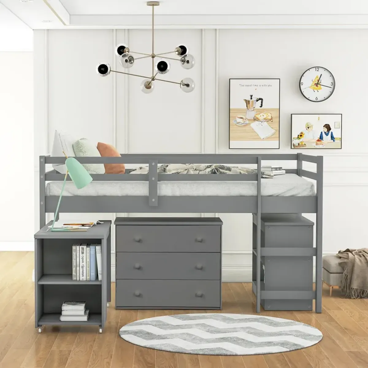 Merax Low Loft Bed with Cabinet and Rolling Portable Desk