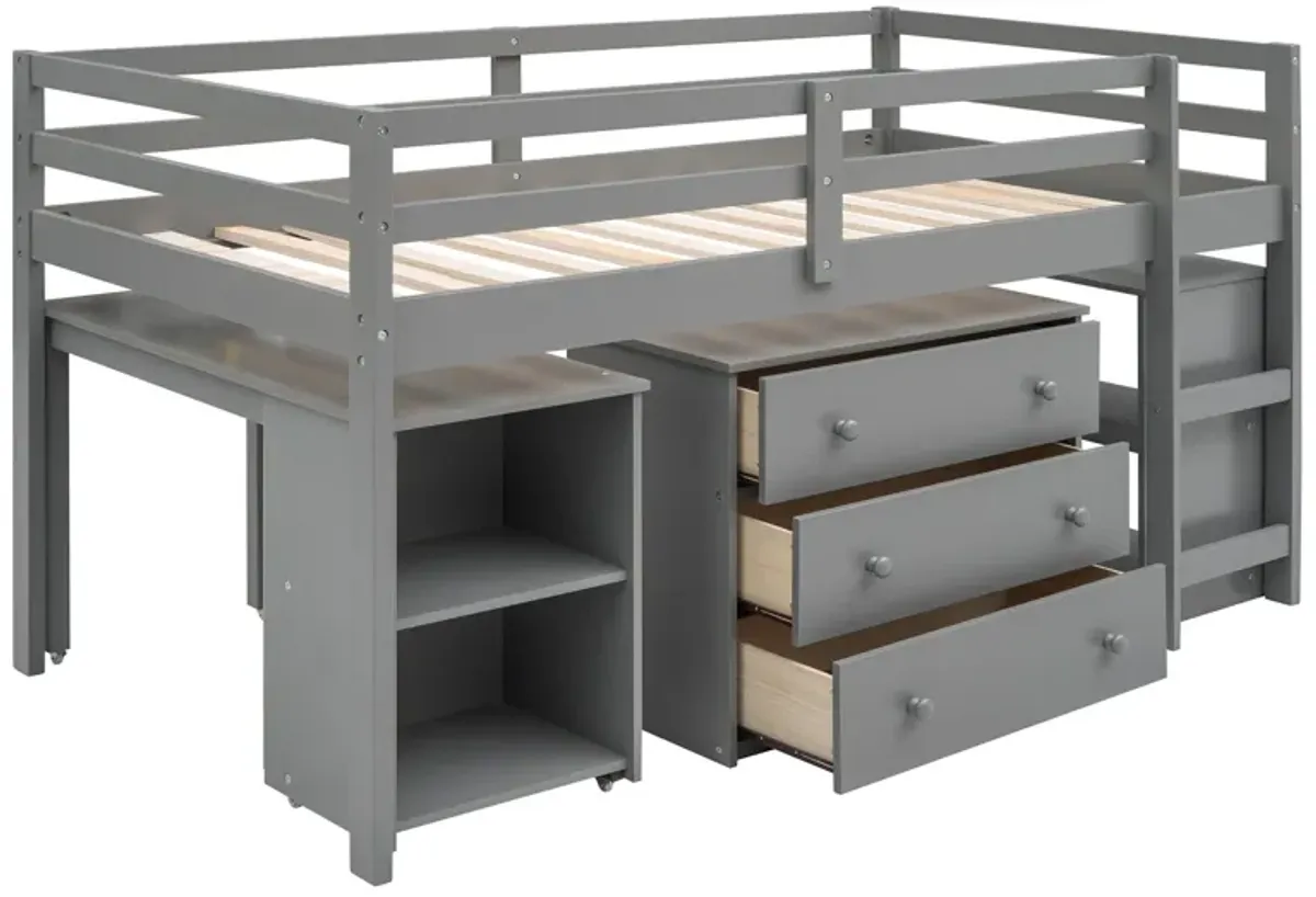 Merax Low Loft Bed with Cabinet and Rolling Portable Desk