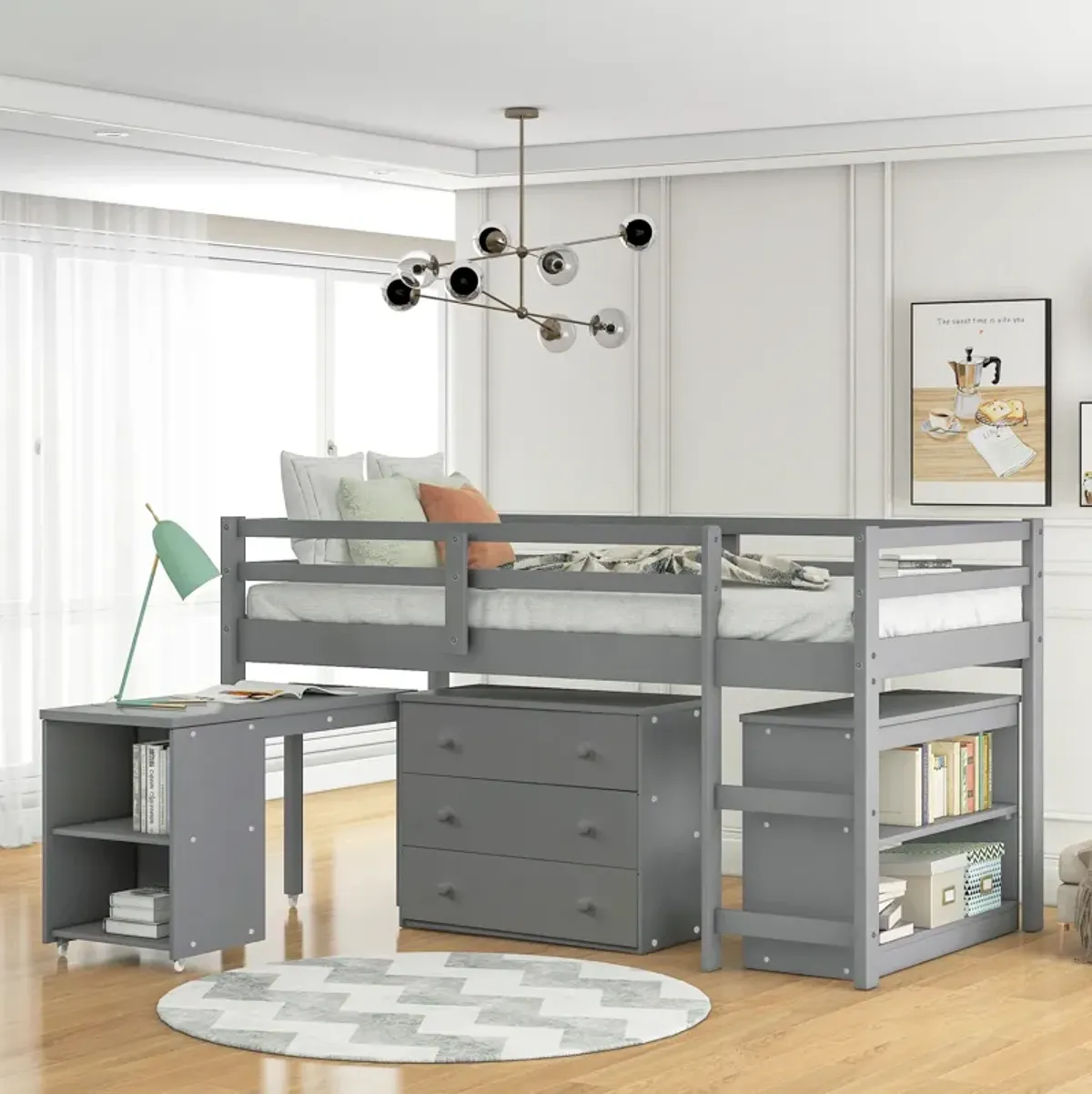 Merax Low Loft Bed with Cabinet and Rolling Portable Desk