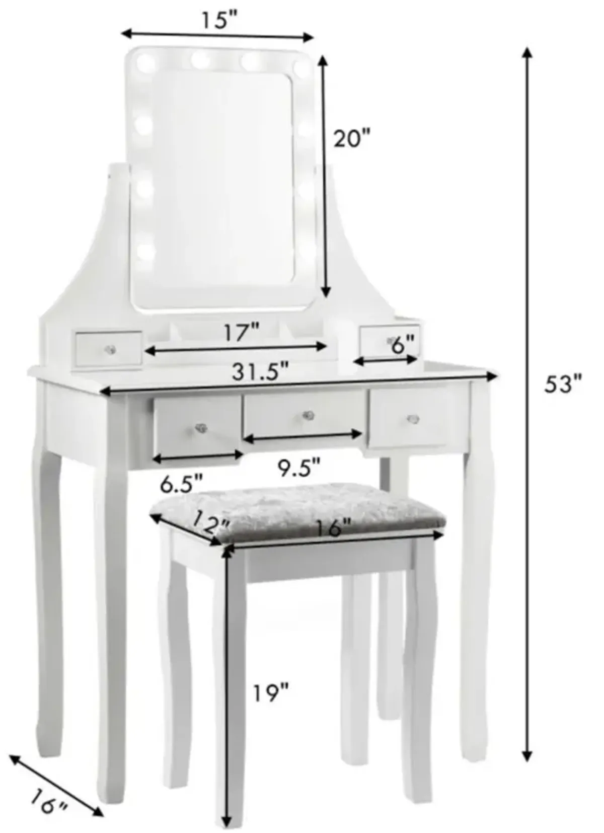 Hivvago Vanity Dressing Table Set with 10 Dimmable Bulbs and Cushioned Stool