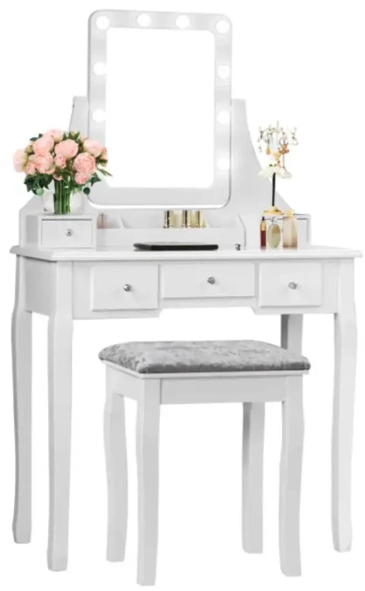 Hivvago Vanity Dressing Table Set with 10 Dimmable Bulbs and Cushioned Stool