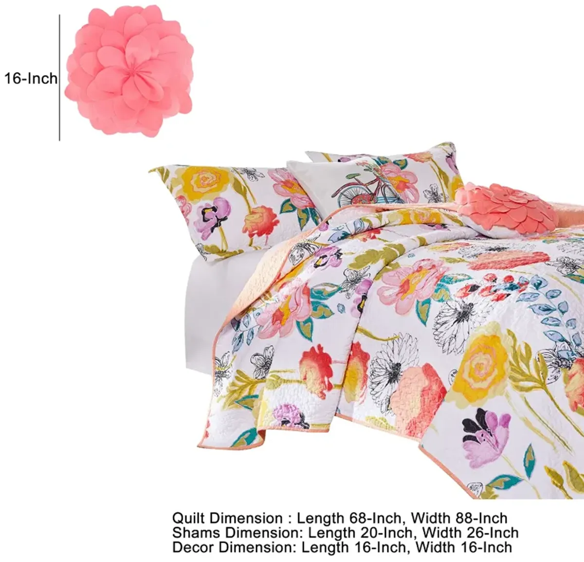 Mavi 4 Piece Reversible Twin Quilt Set, Spring Floral Print, Multicolor - Benzara