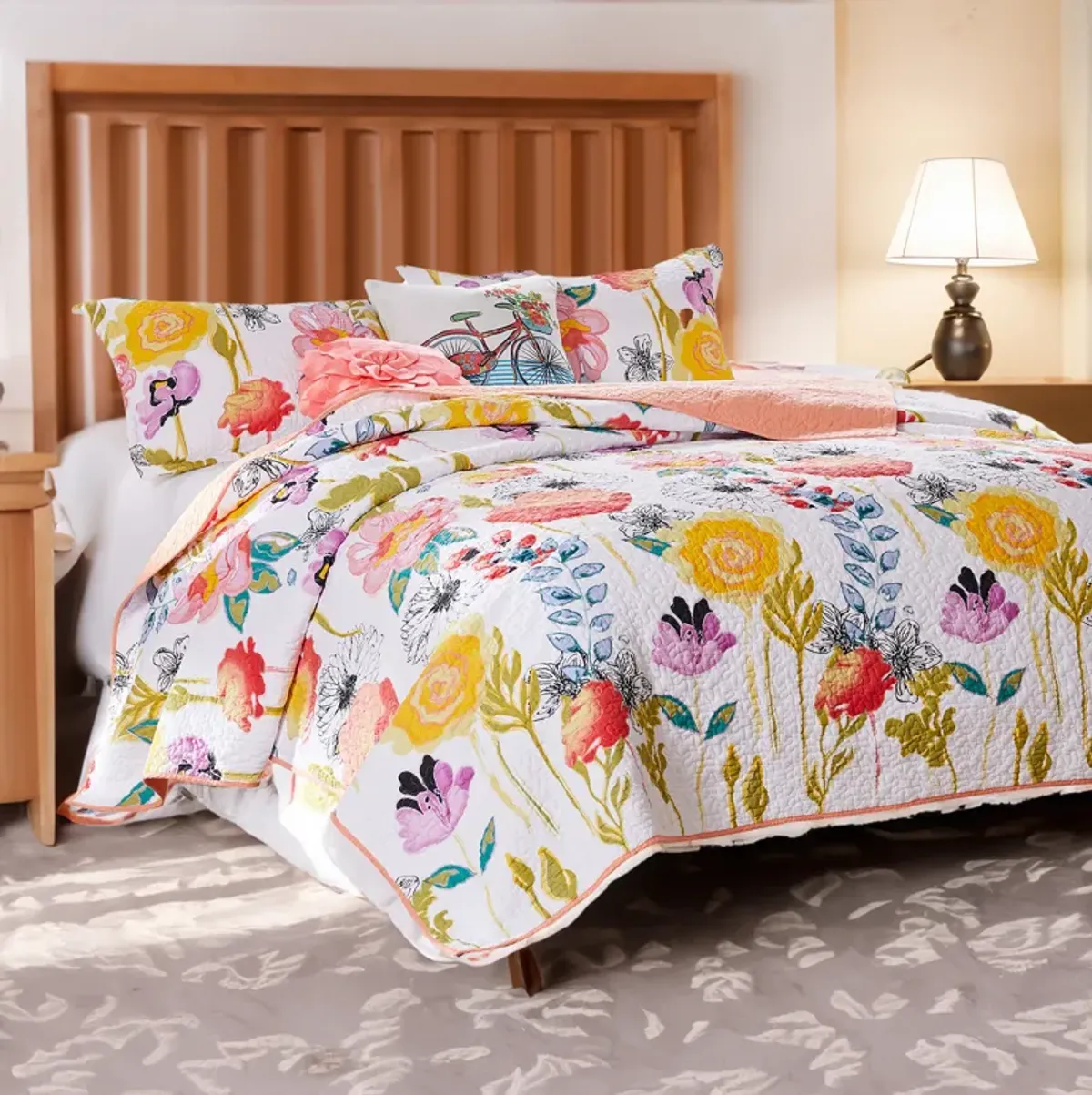 Mavi 4 Piece Reversible Twin Quilt Set, Spring Floral Print, Multicolor - Benzara