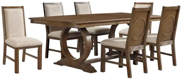 Lovi 7pc Dining Table and Chair Set, Beige Fabric, Rustic Oak Brown - Benzara