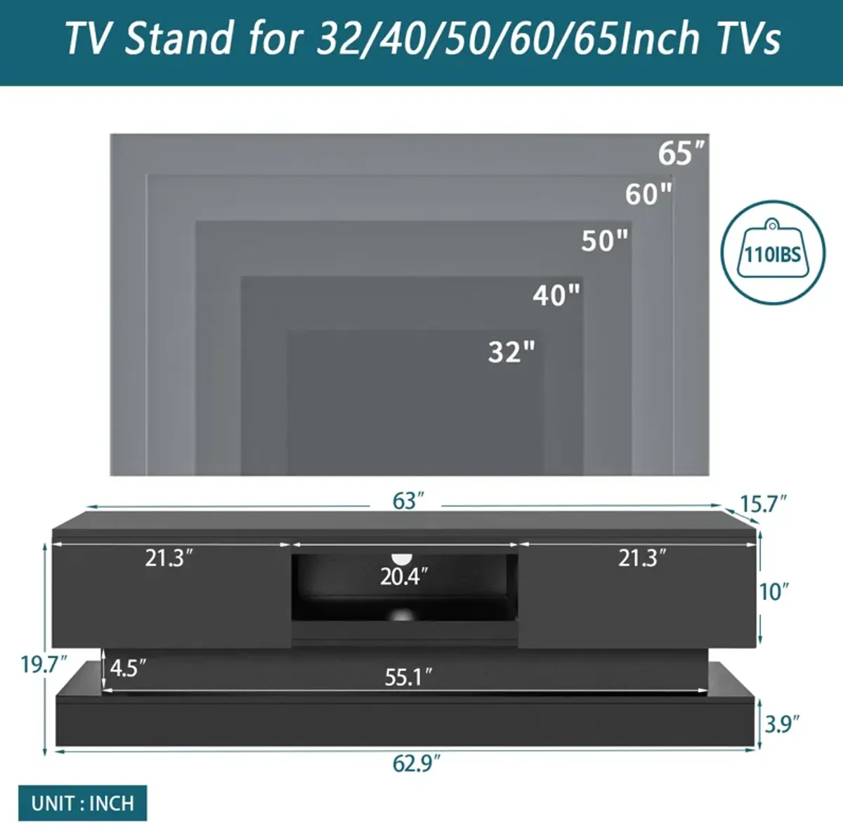 Hivvago 63 inches Modern and Simple Design Television Stand Organizing Cabinet with LED Light